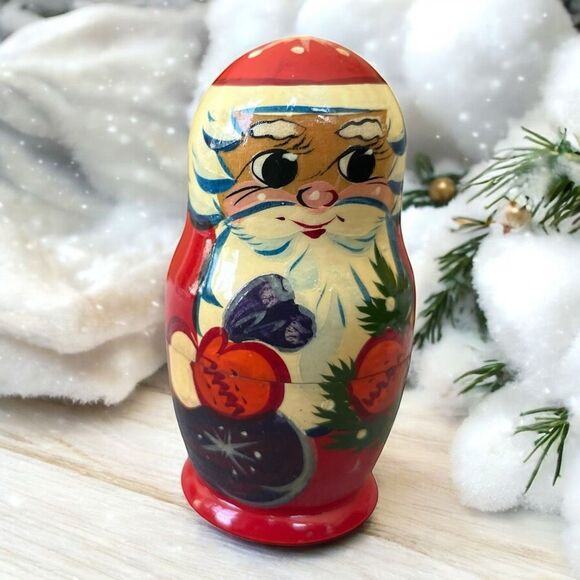 Vintage Russian Nesting Doll Christmas Wooden Santa Snowman 5 Pieces - Picture 1 of 7